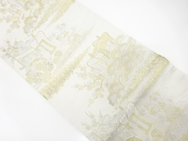 JAPANESE KIMONO / ANTIQUE FUKURO OBI / WOVEN CARRIAGE & FLOWER